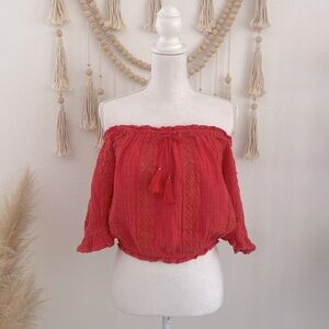 American Eagle Outfitters crochet off the shoulder crop top flouncy coral NWT M